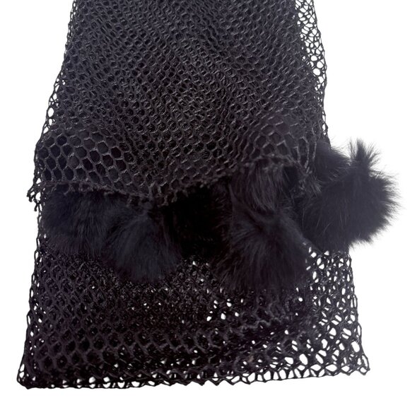 Black Mesh Scarf Fur Pom Pom Evening Shawl Fishnet Wrap - Picture 9 of 9